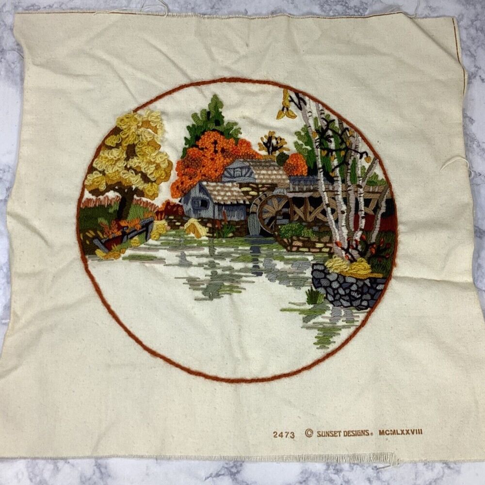 Vintage Mabry Mill Needlepoint Tapestry Fabric Panel Fall Autumn 19 x 20
